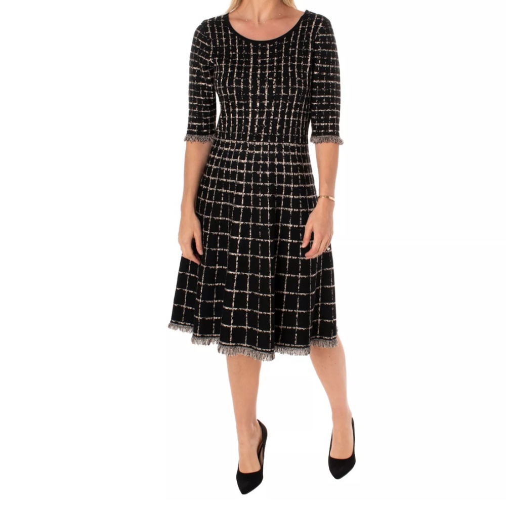 Taylor Plaid Fringe-Trim Sweater Dress